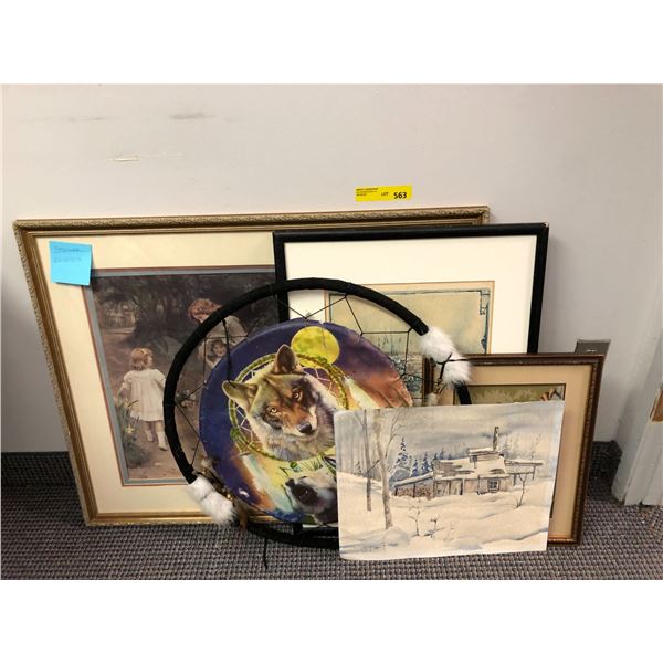 Group of Five Pictures- three with frames.  One needlepoint and one Dream Catcher.  Largest is 34in
