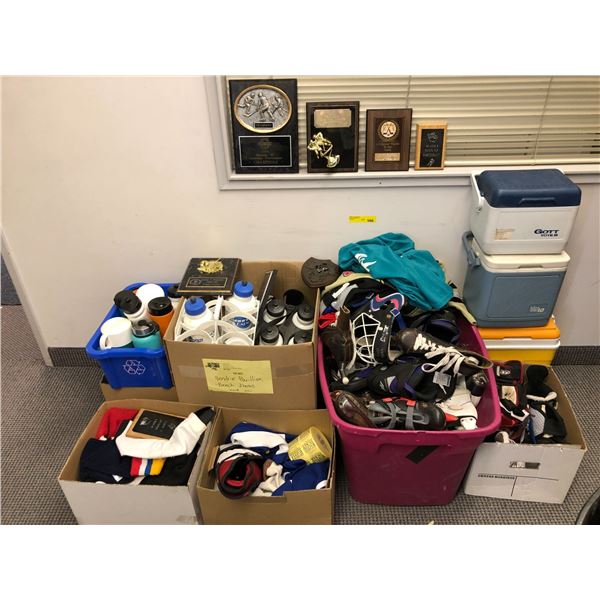 Seven Boxes of Hockey Gear, Large Water Bottles and Three Coolers from the Hockey Show