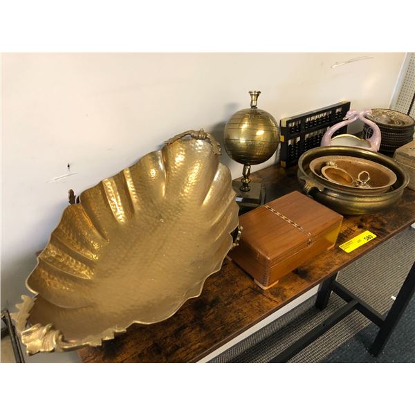 Table Top of Collectibles - Brass Items, Wood Boxes, Brass Globe, Double Swan Bowl and specialty pla