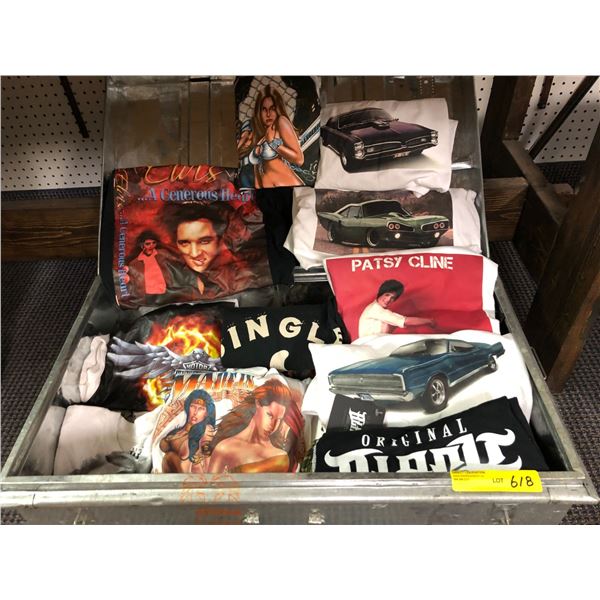 Metal Trunk and Collection of Musicians and Beer T-shirts - such as Iron Maiden, Harley Davidson, Ma