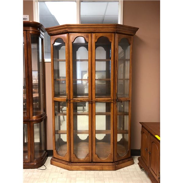 Maple China Cabinet with Mirrored Back - Great Condition - approx. 50in x 15in x 74 1/2in  with ligh