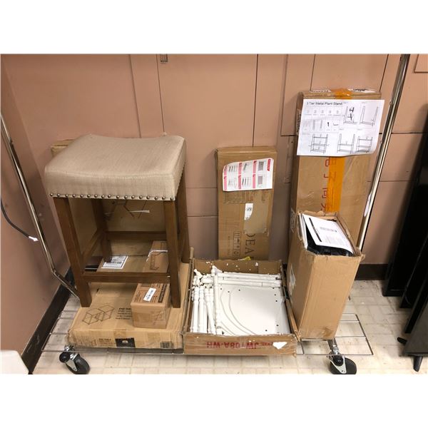 Group of Misc. DIY Shelving, Chairs, Plant Stands, etc. (rolling rack not included)