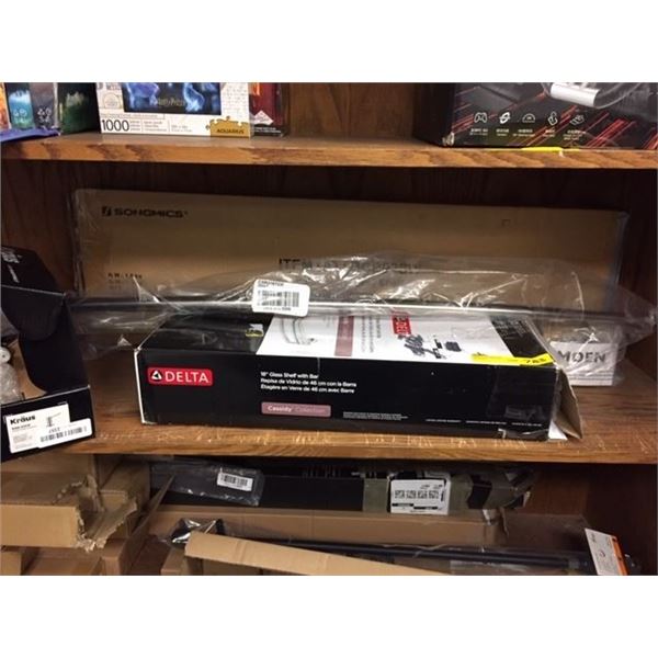 Group of Bathroom Parts - Delta 18in Glass Shelf, Kraus Soap Dispenser, Moen Stainless Shower Curtai