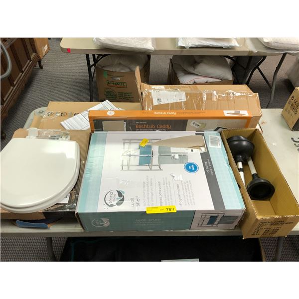 Group of Bathroom Parts - Wall Shelf, Bathtub Caddy, Toilet Plunger, Toilet Seats, Curved Shower Rod
