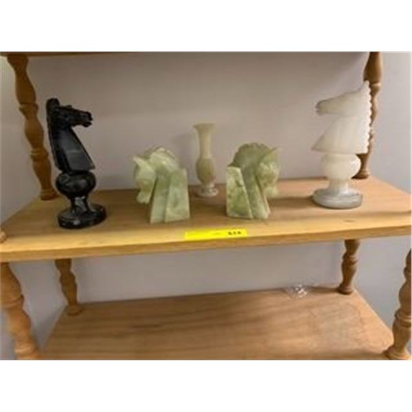 Group of Assorted Stone Figures - Two Large White and Black Chess Pieces, two Horsehead Bookends and