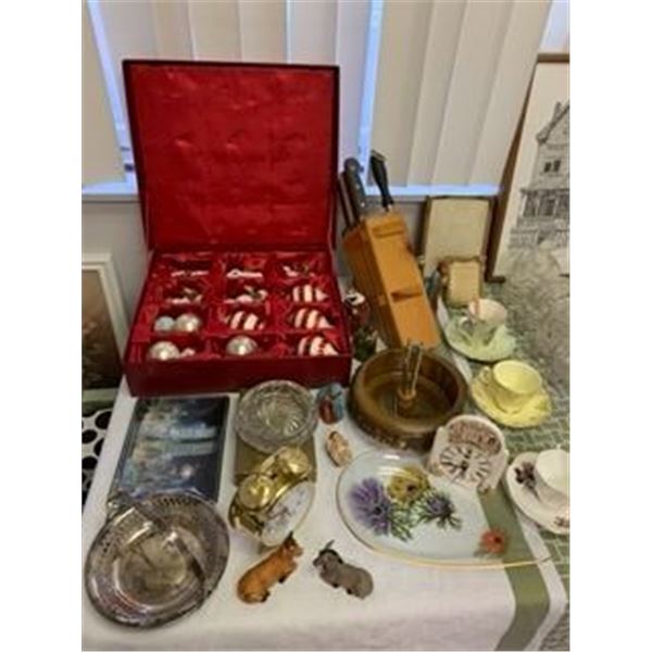 Table Lot of Misc. Collectibles with Fine China, Special Christmas Decorations, Crystal, Soapstone a