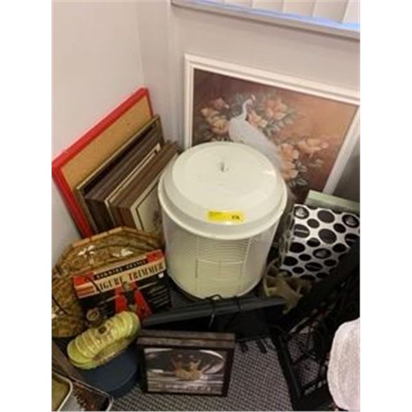 Corner Lot of Misc. Estate Items - Bird Cage, Framed Pictures, Small TV, Lamp, Candle Holder and Mor
