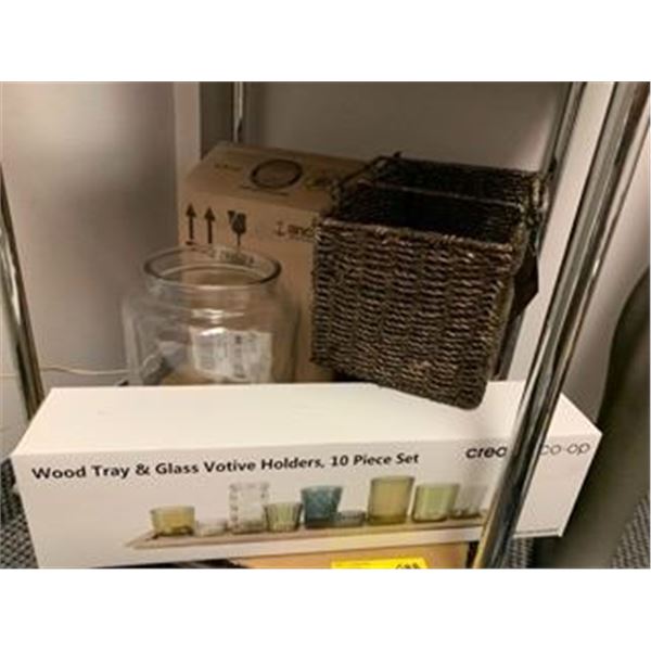 Shelf Lot of House Décor Items - Basketx, Votive Holders & Glass Jar