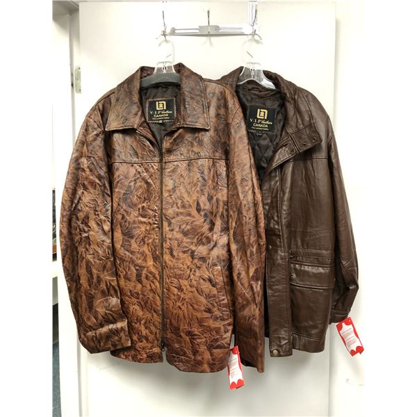 Two Men's Brown Leather Jackets from VIP Leathers Canada - One Small and One (Cammo) XXL
