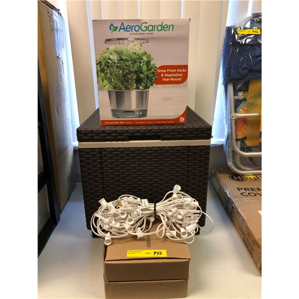 Lot of Misc. Items - AeroGarden, Garden Lights with Bulbs, and Brown Rattan Patio Insulated Cooler