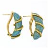 Image 6 : Vintage 18k Yellow Gold Textured Baby Blue Enamel Twisted Wire Dome Earrings