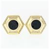 Image 1 : Vintage Large 18k Gold Black Onyx Intaglio .75 ctw Round Diamond Hexagon Earring