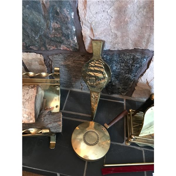 Brass Fireplace Accessories including  Irons, Firewood Rack, Lighter, Bellow & Warming Pan