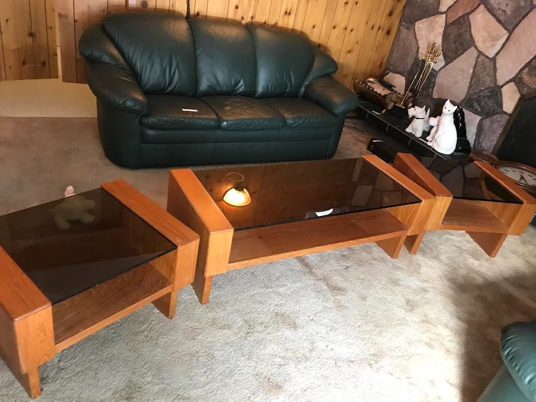 Mid Century Modern Wood & Glass Coffee Table & 2 End Tables