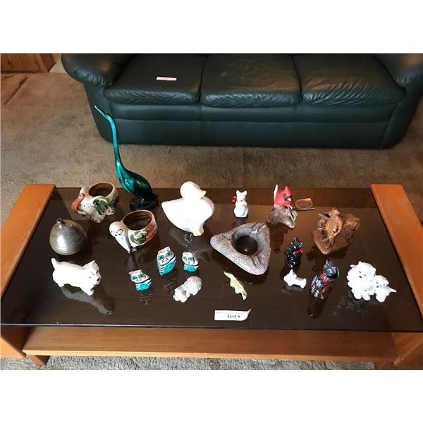 Assorted Animal Figurines, Blue Mountain Pottery Crane, Wood Cattle Sculpture, Mid Century Modern As