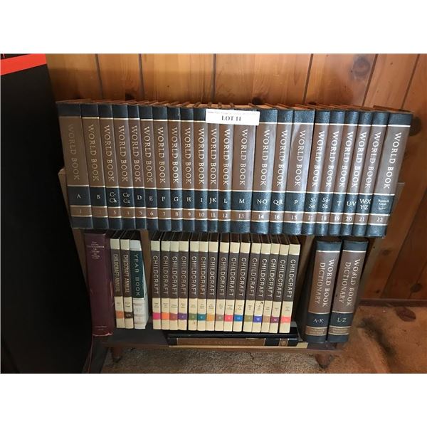 Bookcase w various World Book Encyclopedia's & Childcraft Books