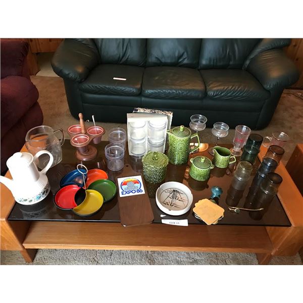 Assortment of Glasses, Tea-set, Condiment Holders, Charcuterie Board, Teapot, Glass Pitcher & Coaste