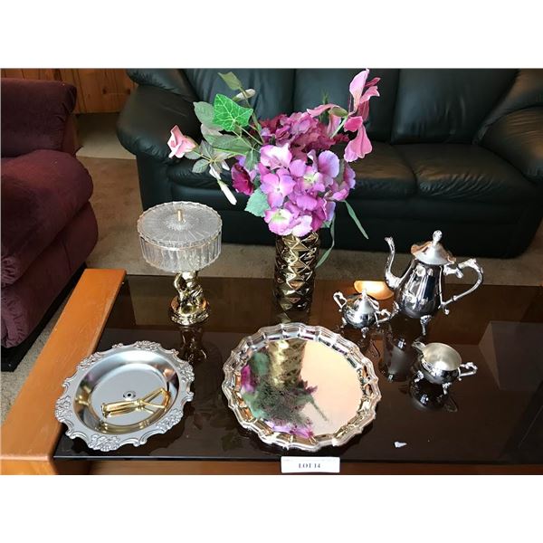 3 Piece Coffee Set w Chippendale Tray, Ornate Candy Dish, Desert Tray & Gold Vase with Silk Flowers
