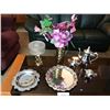 Image 1 : 3 Piece Coffee Set w Chippendale Tray, Ornate Candy Dish, Desert Tray & Gold Vase with Silk Flowers