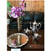 Image 2 : 3 Piece Coffee Set w Chippendale Tray, Ornate Candy Dish, Desert Tray & Gold Vase with Silk Flowers