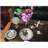 Image 4 : 3 Piece Coffee Set w Chippendale Tray, Ornate Candy Dish, Desert Tray & Gold Vase with Silk Flowers