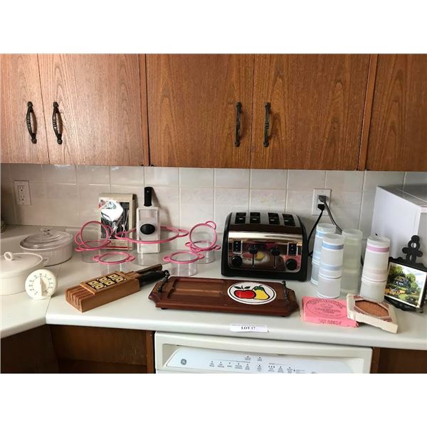 Corning Ware & Tannex Casserole Dishes, Timer, various Knives, Cheese Grater/Board, Cups, Hot Rock W