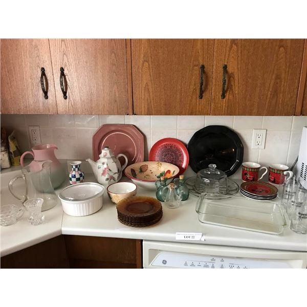 Corning Ware Dish, various Plates, Bowls, Spanish Coffee Set, Amber Plates & 2 Pitchers