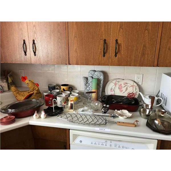 Various Serving Dishes, Rooster Bun Warmer, Oven Mitts, Trivets, Cheese Board, Condiment Dishes, Wei