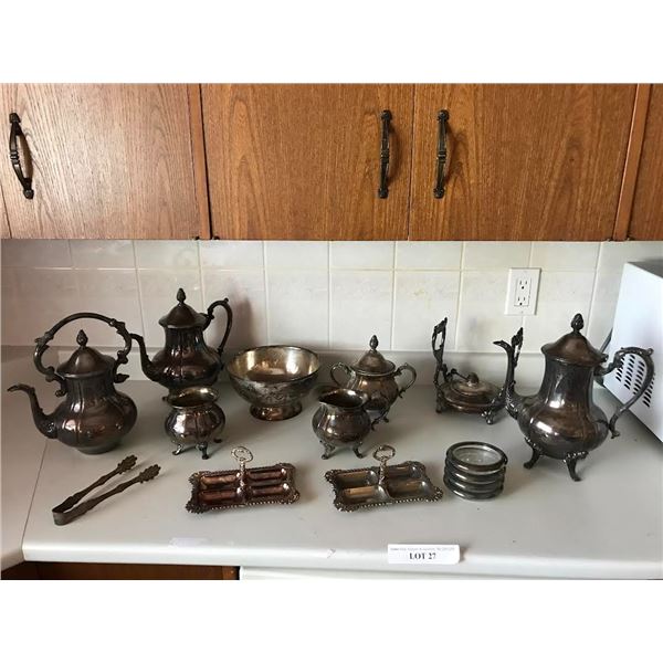 Silver Plate Teapots, Cream & Sugar, Coasters, Bowl & Tongs