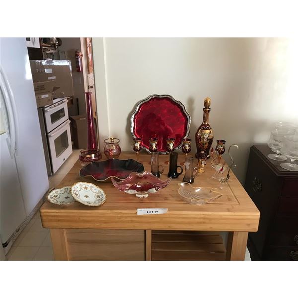 Wine coloured Murano Glass Decanter & Aperitif Glasses ( 1 Broken), Tray, Plates, 2 Rooster Glass Fi