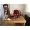 Image 1 : Wine coloured Murano Glass Decanter & Aperitif Glasses ( 1 Broken), Tray, Plates, 2 Rooster Glass Fi
