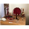 Image 3 : Wine coloured Murano Glass Decanter & Aperitif Glasses ( 1 Broken), Tray, Plates, 2 Rooster Glass Fi