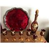 Image 4 : Wine coloured Murano Glass Decanter & Aperitif Glasses ( 1 Broken), Tray, Plates, 2 Rooster Glass Fi