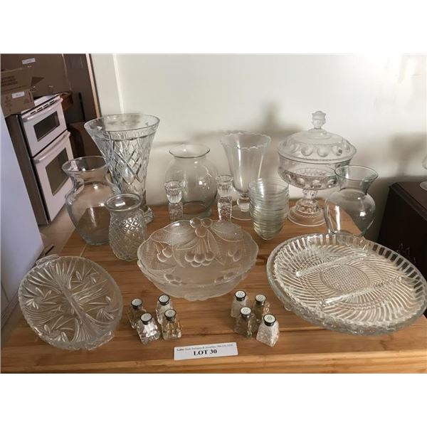 Crystal & Glass Trays, Bowls, Candle Holders, Candy Dish, Pickle Dish, Vases, Salt & Pepper Shakers 