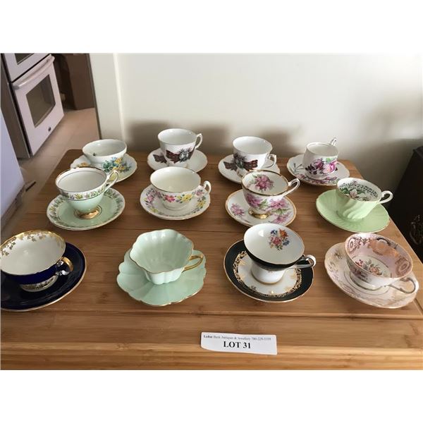12 Colourful Teacups & Saucers