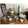 Image 1 : Gorgeous Green & Gold German Teapot, Cups/Saucers, Creamer/Sugar Bowl & Glass Vases