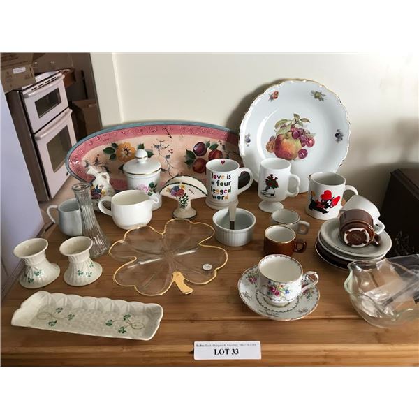 Irish Belleek Candle Holders & dish, Demitasse Espresso Cups/Saucers, Napkin Holder, assorted Glassw