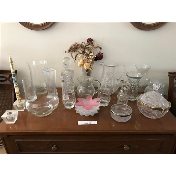 Crystal Decanter & Pitcher, various Bowls, Vases, Candy Dish, Candle Holders (Chipped), & Glasses