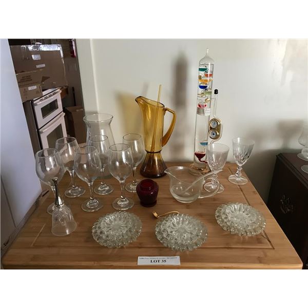 Large Galileo Thermometer, Wine Glasses, Amber Colour Martini Pitcher, Gravy Bowl, Various Plates, B