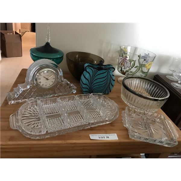 Godinger Glass Mantle Clock, Crystal Serving Dishes, Vintage Teal Candy Dish & Assorted Glass Bowls