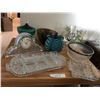 Image 1 : Godinger Glass Mantle Clock, Crystal Serving Dishes, Vintage Teal Candy Dish & Assorted Glass Bowls