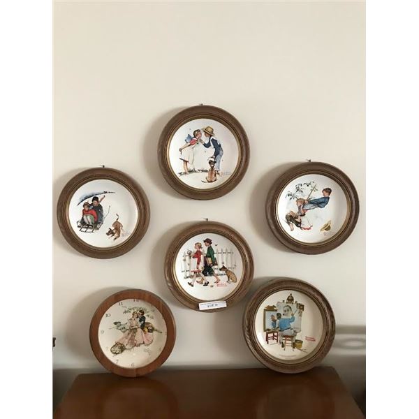 5 Norman Rockwell Framed Plates & 1 Norman Rockwell Wood Framed Clock