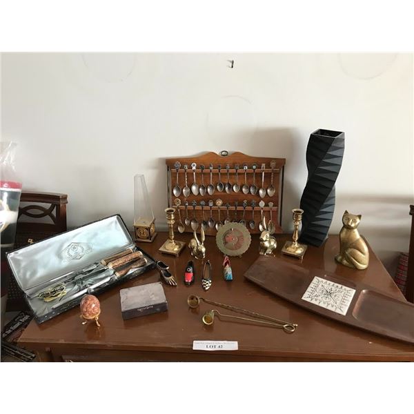 Elk Bone Carving Set, assortment of Teaspoons on Wood Rack, Decorative Egg Shaped Rock, Black Vase, 