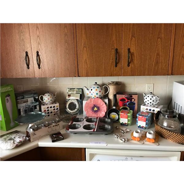 3 Polka Dot Teapots, Paderno Mugs, Egg Timers, Aqua/Silver Cake Plate, Mini Paderno Egg Pan, Hand Bl