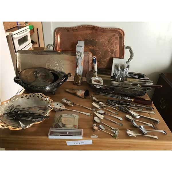 Large Selection of Silverware (Silver Plate)  including Trays, Serving Dishes, Spoons, Tongs etc
