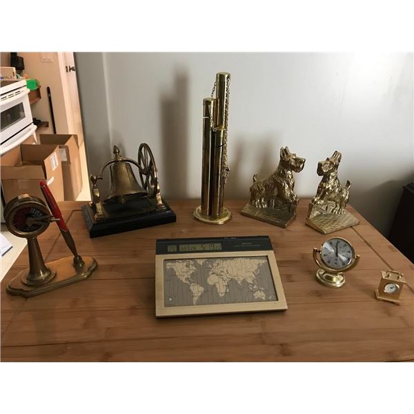 Solid Brass Bell, Change Holder, Brass Terrier Book Ends, Bulova Clock, Seiko World Time Touch Clock