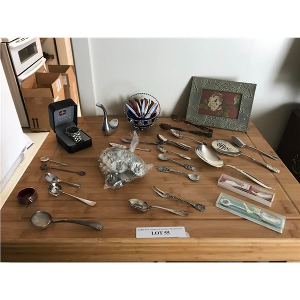 Swiss Army Watch, assorted Silverware, Picture Frame & Designer Silver Bird Sculpture