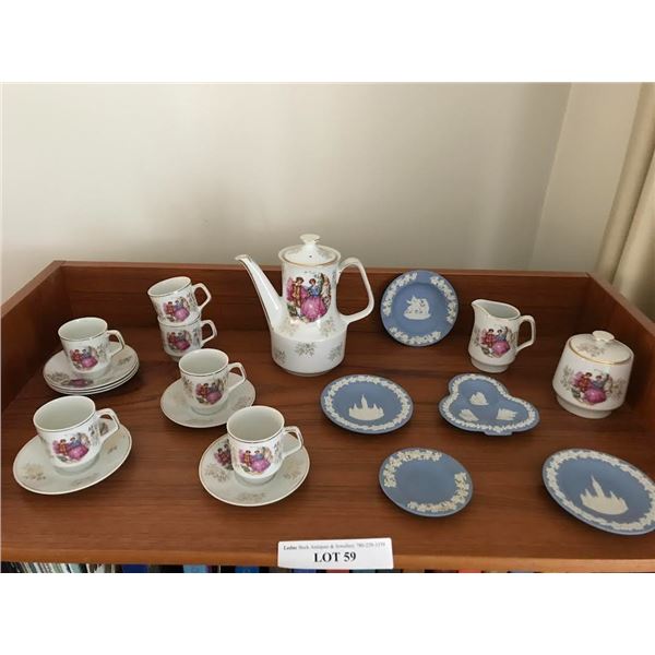 2 Wedgwood Plates & 3 Ashtrays, Beautiful 17 piece Pink, Blue & Gold Teaset