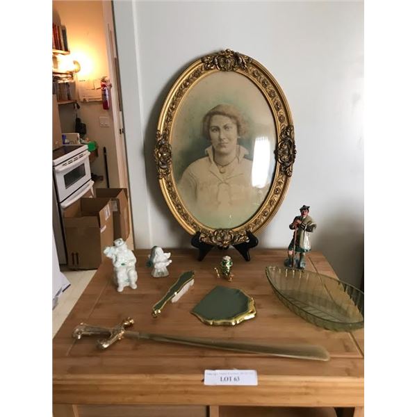 Vintage Bubble Glass Framed Photo, Sword Shaped Shoehorn, 2 Belleek Irish Ornaments, Gorgeous Green 
