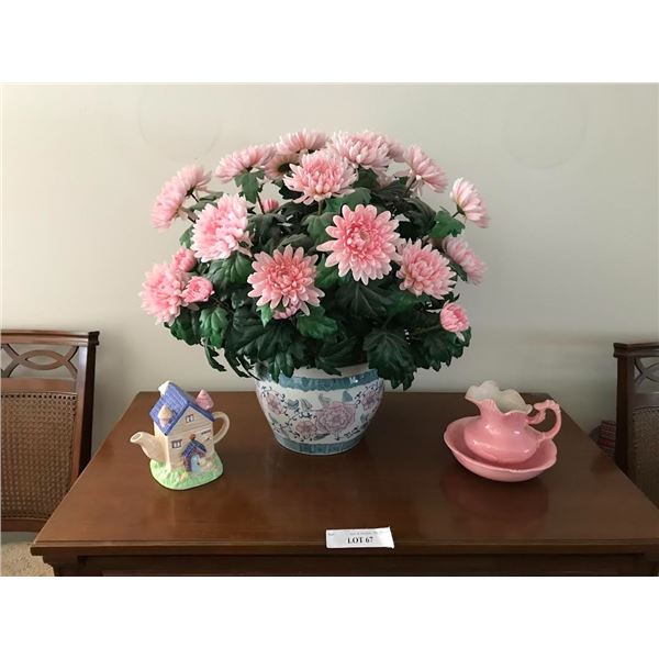 Colourful House Teapot, Water Pitcher/Basin, Large Silk Flower Arrangement w Teal/Pink Planter